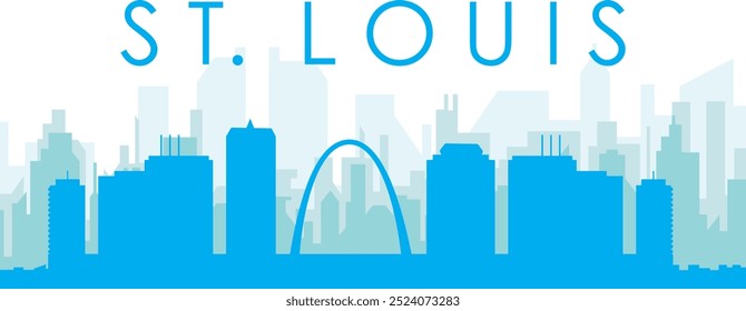 Blue panoramic city skyline poster with bluish misty transparent background buildings of ST. LOUIS, UNITED STATES