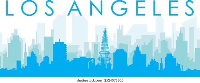 Blue panoramic city skyline poster with bluish misty transparent background buildings of LOS ANGELES, UNITED STATES