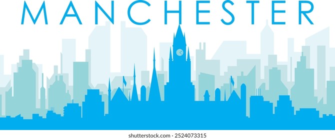 Cartaz panorâmico azul da cidade com fundo azul nebuloso transparente edifícios de MANCHESTER, REINO UNIDO