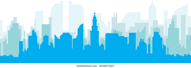 Blue panoramic city skyline poster with bluish misty transparent background buildings of MIAMI, UNITED STATES