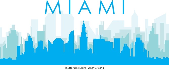 Blue panoramic city skyline poster with bluish misty transparent background buildings of MIAMI, UNITED STATES