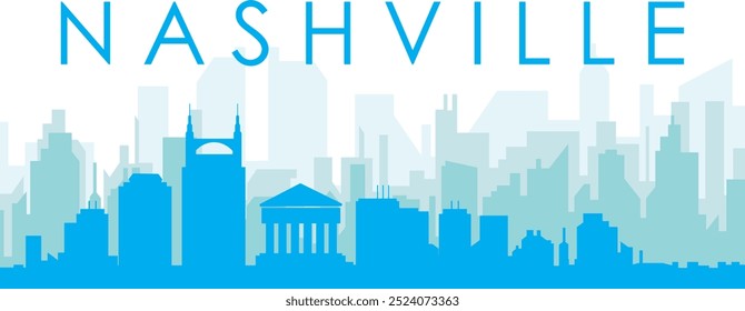 Blue panoramic city skyline poster with bluish misty transparent background buildings of NASHVILLE, UNITED STATES