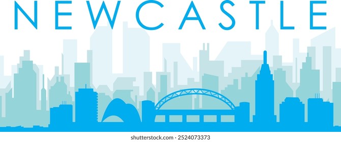 Blue panoramic city skyline poster with bluish misty transparent background buildings of NEWCASTLE, UNITED STATES