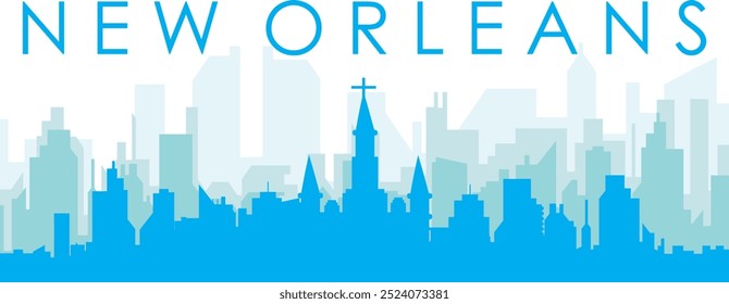 Blue panoramic city skyline poster with bluish misty transparent background buildings of NEW ORLEANS, UNITED STATES