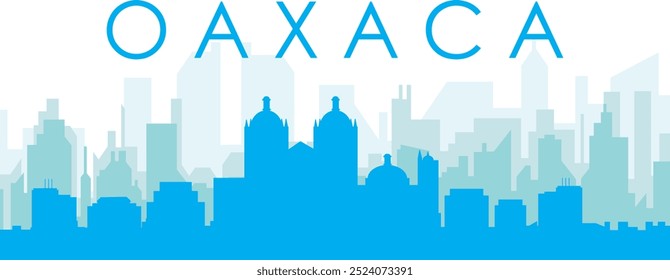 Blue panoramic city skyline poster with bluish misty transparent background buildings of OAXACA, MEXICO