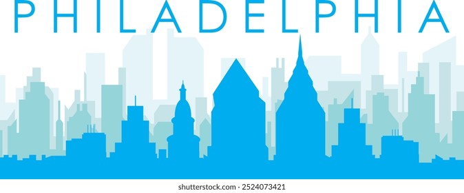 Blue panoramic city skyline poster with bluish misty transparent background buildings of PHILADELPHIA, UNITED STATES