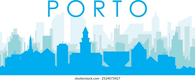 Blue panoramic city skyline poster with bluish misty transparent background buildings of PORTO, PORTUGAL