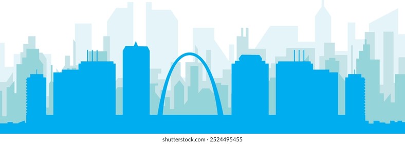 Blue panoramic city skyline poster with bluish misty transparent background buildings of ST. LOUIS, UNITED STATES