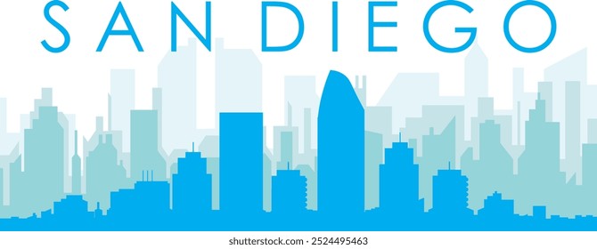 Blue panoramic city skyline poster with bluish misty transparent background buildings of SAN DIEGO, UNITED STATES