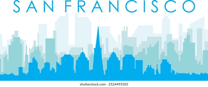 Blue panoramic city skyline poster with bluish misty transparent background buildings of SAN FRANCISCO, UNITED STATES