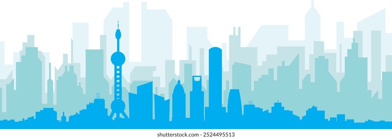 Cartel panorámico azul del horizonte de la ciudad con los edificios azulados del fondo transparente brumoso de SHANGHAI, CHINA