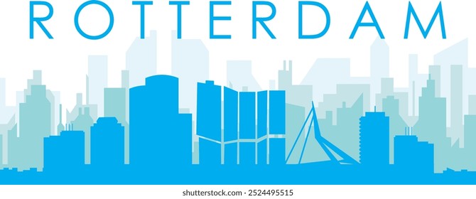 Cartel panorámico azul del horizonte de la ciudad con edificios azulados del fondo transparente brumoso de ROTTERDAM, PAÍSES BAJOS