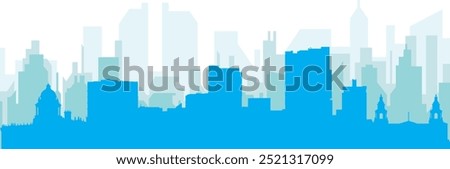 Blue panoramic city skyline poster with bluish misty transparent background buildings of LEEDS, UNITED KINGDOM