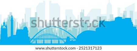 Blue panoramic city skyline poster with bluish misty transparent background buildings of NEWCASTLE, UNITED KINGDOM