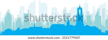 Blue panoramic city skyline poster with bluish misty transparent background buildings of UTRECHT, NETHERLANDS