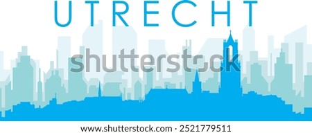 Blue panoramic city skyline poster with bluish misty transparent background buildings of UTRECHT, NETHERLANDS