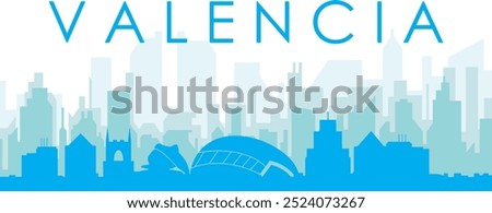 Blue panoramic city skyline poster with bluish misty transparent background buildings of VALENCIA, SPAIN