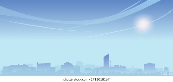 Póster panorámico azul del horizonte de la ciudad con edificios de fondo brumoso y nubes de VIENA, AUSTRIA