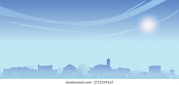 Blue panoramic poster of the city skyline with misty background buildings and clouds of GHENT, BELGIUM