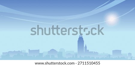 Blue panoramic poster of the city skyline with misty background buildings and clouds of CINCINNATI, UNITED STATES