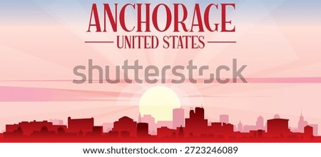 Blue panoramic poster of the city skyline with misty background buildings and clouds of ANCHORAGE, UNITED STATES