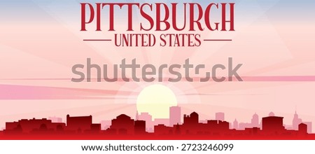 Blue panoramic poster of the city skyline with misty background buildings and clouds of PITTSBURGH, UNITED STATES
