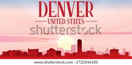 Blue panoramic poster of the city skyline with misty background buildings and clouds of DENVER, UNITED STATES