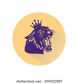 Blue panther with crown on his head and open mouth, beige round icon in a flat style on white background, vector