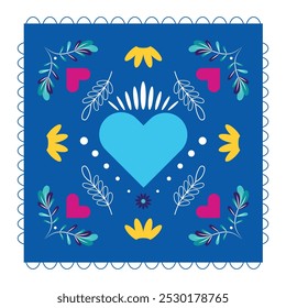 Blauer Papel Picado Banner mit einem großen Herzen, umgeben von komplizierten Blättern und floralen Designs