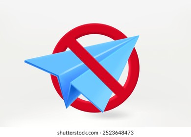 Blue paper airplane in the circle with crossed line. 3d vector illustration