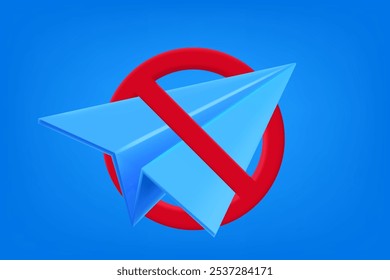 Blue paper airplane in the circle with crossed line. 3d vector illustration