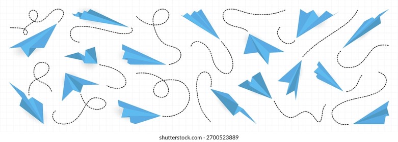 Blue paper airplane collection with dashed flight paths on grid background. Each element shows freedom, creativity, and playful motion