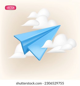 avión de papel azul sobre un fondo celeste nublado. 3d elemento de diseño En el estilo de dibujos animados plásticos. Ilustración vectorial.