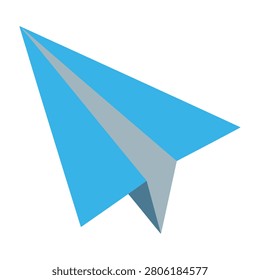 A blue paper airplane soaring through the air, isolated on a white background, symbolizing freedom and adventure.