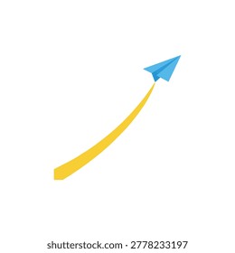 A blue paper airplane soaring upwards on a bright yellow curved trajectory on white background.