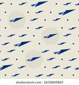 Blue paper airplanes with circles seamless pattern on light background. Vector Illustration. Template for modern design of fabric, wallpaper,  wrapping, stationery, textile.