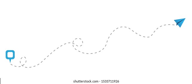 Blue paper airplanes with dotted flight path. dotted trail and fly direction. The plane flies from the airport to rest. Vector illustration.