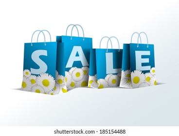 Blue paper bag with daisies. Vector. Isolated.