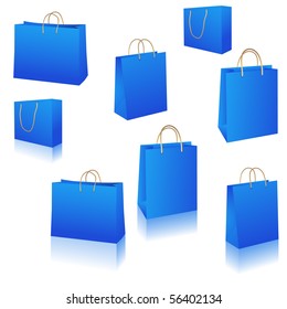 Blue paper bags vector set isolated on white