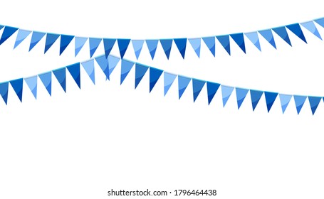 Blue paper bunting party flags isolated on white background. Carnival garland with flags. Decorative colorful party pennants for birthday celebration, festival decor. Colorful bunting flags.