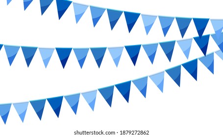 Blue paper bunting party flags isolated on white background. Carnival garland with flags. Decorative colorful party pennants for birthday celebration, festival decor. Colorful bunting flags.