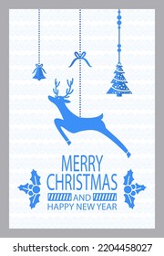 Blue paper card decorated by deer and leaves with berries, lines and points. Simple congratulation postcard with Merry Christmas and Happy New Year vector