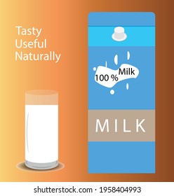 blue, paper carton of milk with the inscription 100% milk on an orange background. healthy, tasty, natural