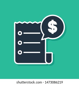 Blue Paper check and financial check icon isolated on green background. Paper print check, shop receipt or bill.  Vector Illustration