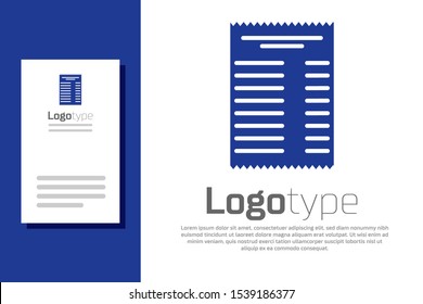Blue Paper check and financial check icon isolated on white background. Paper print check, shop receipt or bill. Logo design template element. Vector Illustration