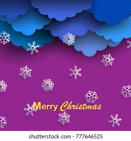 Blue paper clouds with paper white snowflakes. Bright background for Merry Christmas,New year holiday design, greeting card, poster, banner,paper art design and craft style. Vector illustration