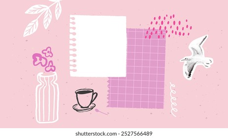 Blue paper collage, blank copybook page decorated with cutout halftone coffee cup, branch of flowers. Journal abstract doodle paper, checkered pattern note background.