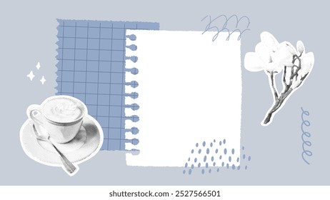 Collage de papel azul, página de cuaderno en blanco decorada con taza de café de medio tono recortada, rama de flores. Diario de papel doodle abstracto, fondo de nota de patrón a cuadros.