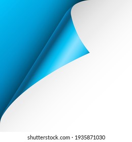 Blue paper curl. Curled page corner with shadow. Blank sheet of paper. Colorful shiny foil. Design element for advertising and promotion. Vector illustration.