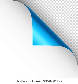 Blue paper curl. Curled page corner with shadow. Blank sheet of paper. Colorful shiny foil. Design element for advertising and promotion. Vector illustration.
